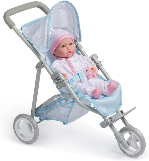 |3 3+ JC Toys | Berenguer Boutique Wheeled Folding Doll Jogger Stroller | Blue | Ages