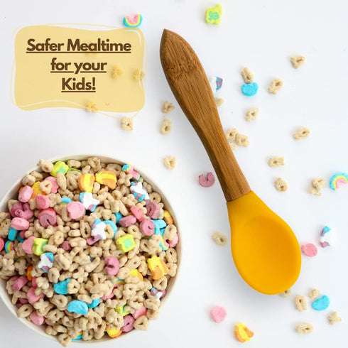 Baby Bamboo Feeding Spoon - 5.5" with Silicone Tip, BPA Free Toddler Food Spoons, Yellow 2 PACK