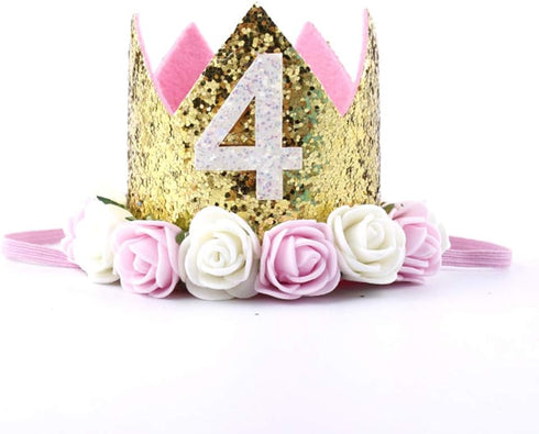 Birthday Crown Hat Princess Sparkle Flower Headband Tiara for 1 2 3 4 5 6 Party Decoration Cake Smash Photo Prop
