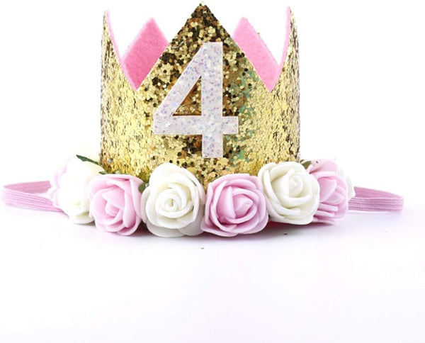 Birthday Crown Hat Princess Sparkle Flower Headband Tiara for 1 2 3 4 5 6 Party Decoration Cake Smash Photo Prop
