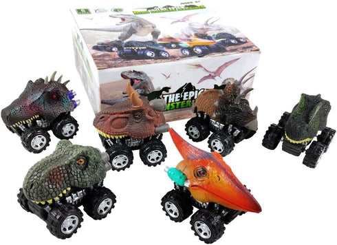 DINOBROS Dinosaur Toy Pull Back Cars 6 Pack for Boys Age 3-7, Dino T-Rex Games