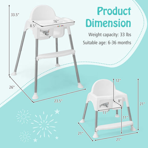 Generic 4-in-1 2-Position 3-Point 6-36 HOMGX Baby Highchair, Convertible High Chair w/ Adjustable Tray, Safety Harness