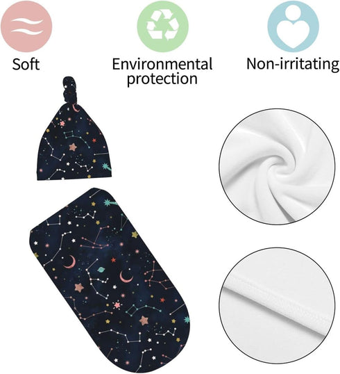 Space Galaxy Constellation Swaddle with Beanie Set, Soft and Stretchy Baby Stuff Blanket for Newborn Boy and Girl