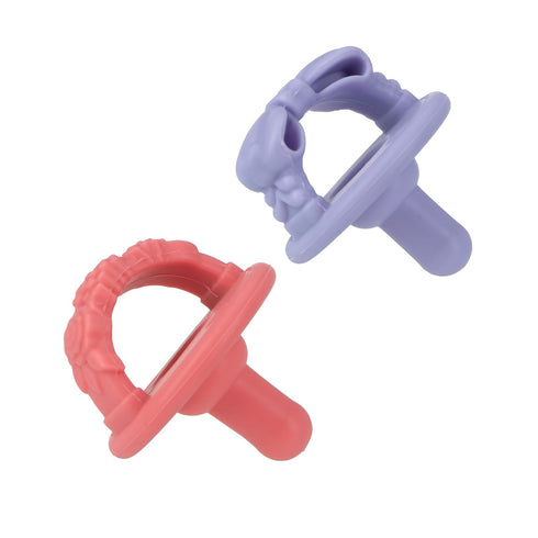 Nuby 3-D Sili Soother Pacifiers, 2 Pack with Soft Handle and Two Safety Air Holes, 0+ Months, Purple Bow and Pink