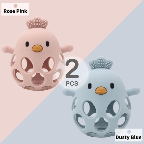 Baby Teething Toy, Hollow Chicken Silicone Teething Toys, Soft Baby Chew Toys for Sucking Needs, Bells can be Installed, Suitable for Babies of Any Age(Blue+Pink)