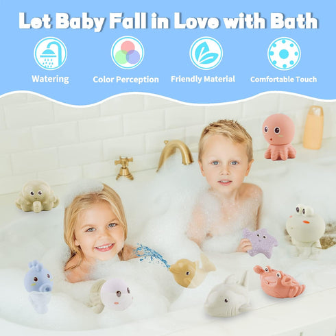 10PCS Bath Toys for Babies 6-12 Months - Silicone Ocean Animals Bathtub Float Toy for Water Play and Learning Skills