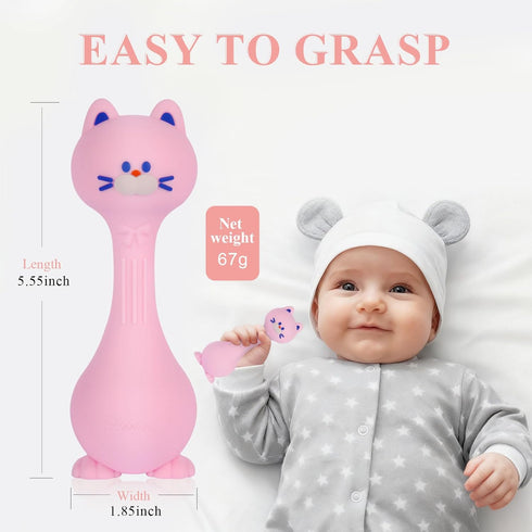 0-12 Baby Rattle Teething Toys Cat Silicone Teether Rattles for Baby Months Food Grade Silicone (Pink)