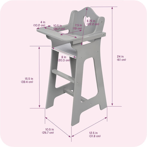 18 Inch Badger Basket Executive Doll High Chair - Wooden Toy Chair with Liftable Tray, Fabric Seat Trim, and Realistic