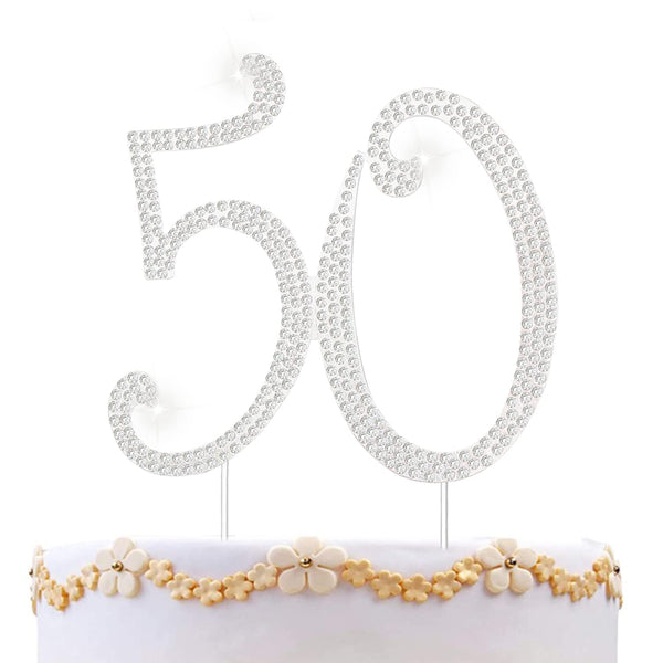 50 Cake Topper 50th Anniversary Birthday Wedding Diamond Cake Decoration for Women, Silver