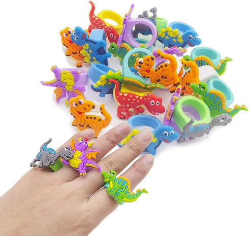 Finduat 24 Pcs Dinosaur Rubber Rings for Party Favors, Cupcake Topper for Dinosaur Party Supplies