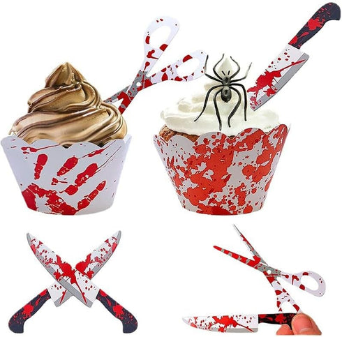 Halloween Cupcake Toppers & Wrappers, Horror Cake Decoration, Bloodstain Cake Knife, 12 Sets (24pcs)