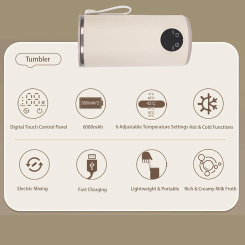 Gonetre 6 Settings 6000mAh Portable Bottle Warmer Mixer Electric Milk Coffee Frother with Temperature Battery