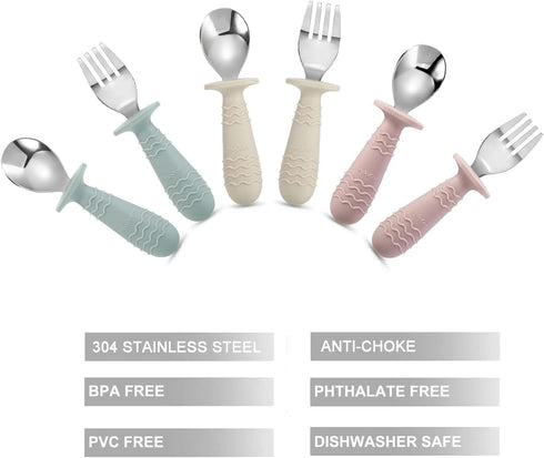 PandaEar 6 Pieces Baby Toddler Silicone Stainless Steel Utensils Silverware Spoon Fork for Baby Toddler BPA Free with Silicone Holding Anti-Choke Design by PandaEar