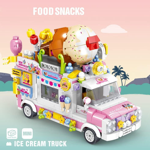 Girls Building Blocks Toys, 593 Pieces Ice Cream Truck Set, Pink Building Bricks Toys for Kids Age 6-12