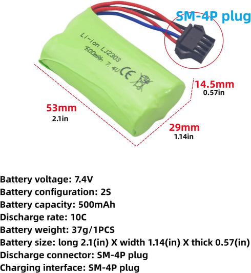 2PCS 7.4V 500mah SM-4P Plug Charging Battery - USB Charging Cable for EC16 DE85 RC Toy Car Model