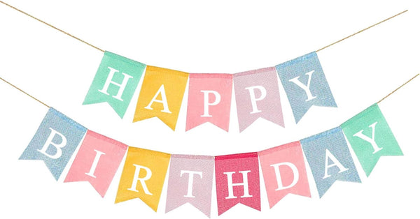Happy Birthday Banner, Colorful Rainbow Bunting Garland, Reusable Imitated Burlap for Pastel Birthday Party Decorations