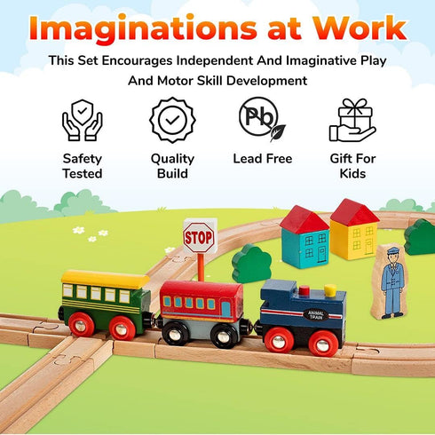 Wooden Train Set 35 Piece All in One Wooden Toy Train Tracks Set with Magnetic Trains and Railway Accessories in Clear
