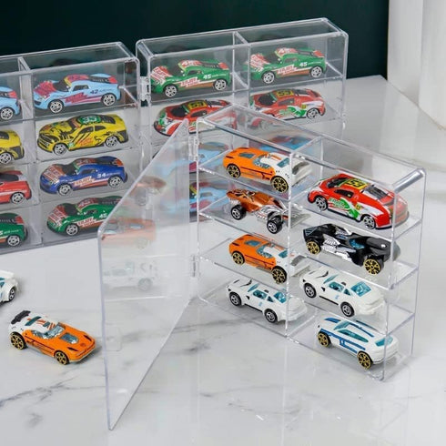 YAMAXUN 1/64 32 4-Pack Acrylic Display Case for Scale Matchbox Toy Cars - Slots, Clear & Dustproof, Storage Organizer