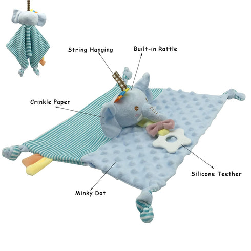 Elephant Security Blanket for Baby, Soft Plush Minky Fabric Lovey, Crinkle Sensory Blanket, Unisex Baby Gift (Blue 11")