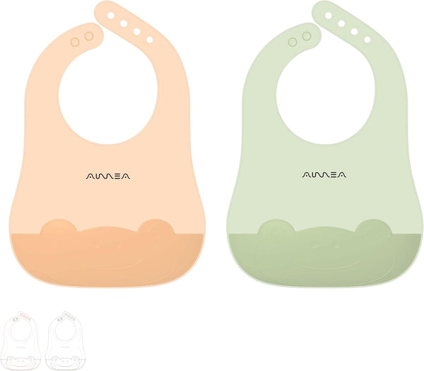 Silicone Bibs for Babies and Toddlers - Adjustable Waterproof Soft Durable Bibs with Large Pocket for 6M+