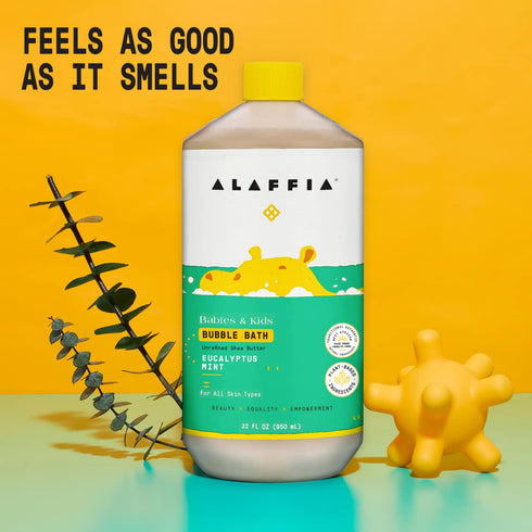 2-Pack 32 Oz Alaffia Bubble Bath for Babies & Kids, Eucalyptus Mint Long-Lasting, Moisture-Rich Bubbles with Shea