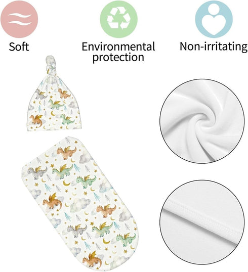 Sozzjile Set, Cute Dragon Print Baby Swaddle Blanket with Beanie Soft Cloud Moon Star Swaddle Sack Newborn Receiving