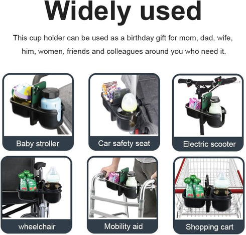 3 in 1 Universal Stroller Snack Tray with Cup Holder, Multifunctional Attachment for Bumper Bar (Black)