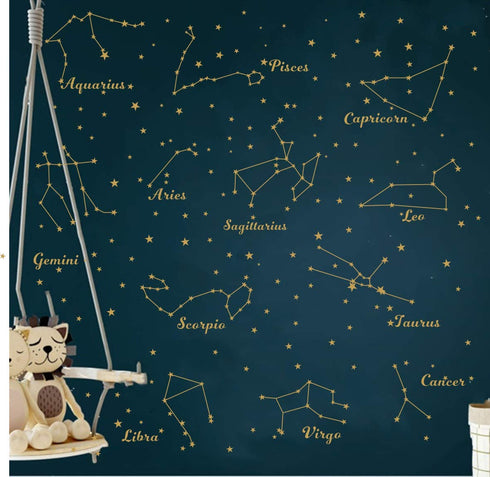 Constellation Wall Decal, Twelve Constellations Stars Wall Stickers for Nursery Room Zodiac Art Mural Decoration (Gold)