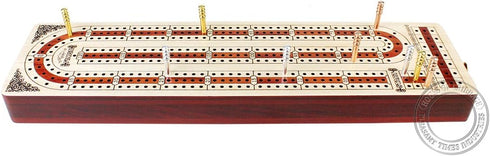 Continuous Cribbage Board with Alphabet e Shape Inlaid in Maple and Bloodwood, 12.4" - 3 Tracks, Storage Drawer for