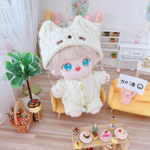 niannyyhouse 20cm Plush Doll Clothes Cat Hat Woolen Thread Onesies for 8in Doll (B)
