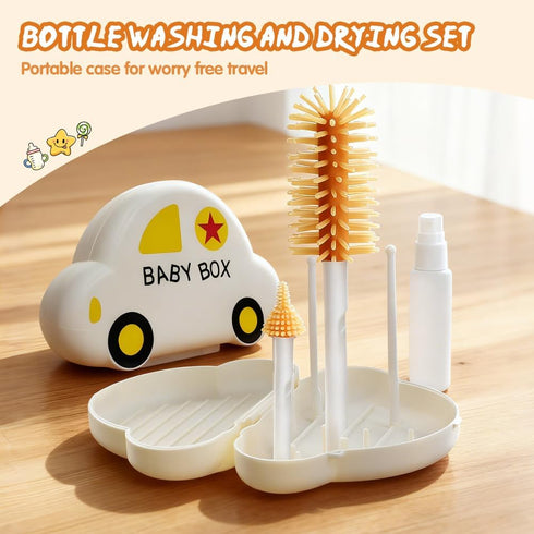 NJYW 7-in-1 Set Baby Bottle Brush with Silicone Nipple & Straw Brushes, Soap Dispenser, Foldable Drying Rack, Portable