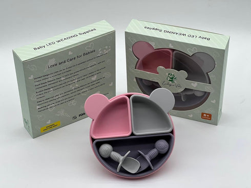 MIX COLOR SILICON BABY FEEDING SET, BABY LED WEANING SUPPLIES, BABY EATING SUPPLIES (Pink Grey Purple)