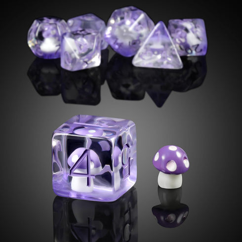 Mushroom Resin Dice Set D&D: 7PCS D&D Dice Set with Gift Velvet Bag for Tabletop Games (Purple Mushroom)