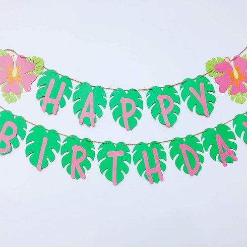 OU RUI Hawaiian Party Happy Birthday Banner, Tropical Luau Party Palm Leaf Decorations