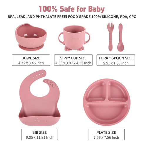 Losecu Set|Baby Set Silicone Feeding Led Weaning Supplies|Suction Plate Bowl with Bib, Spoon, Fork, Sippy Cup|Feeding