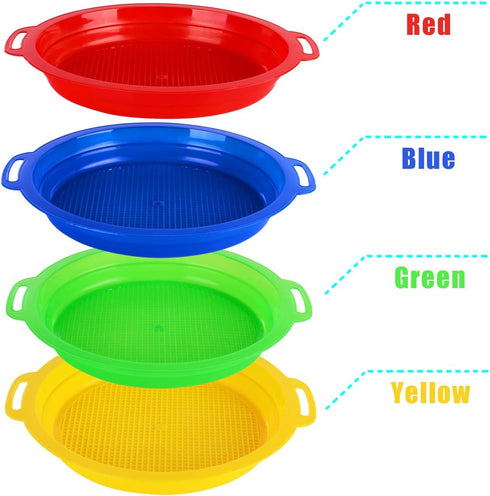 Set Bundle-4Pack(8.75x 9.75in) Sand Sifters Sieve for The Beach Sand Toys (Red, Blue, Yellow & Green) Complete Gift
