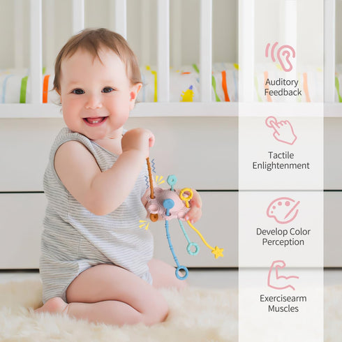 Montessori Toys Pull String Toys for Baby - 100% Food Grade Silicone with Built-in Rattle Function (Pink)