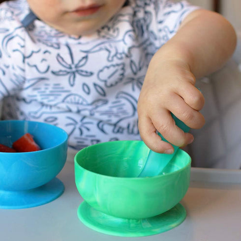 ChooMee FlexiDip Silicone Baby Learning Utensil, Flat Head Spoon with Firm Handle, Designed in USA, BPA Free, 2 CT Aqua