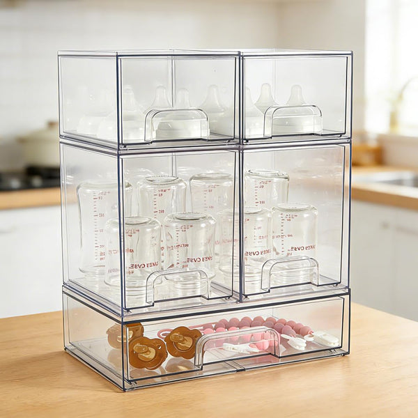 MINMUNJIU Baby Bottle Organizer, 5 Pack Clear Space-Saving Stackable Drawer with Handle,