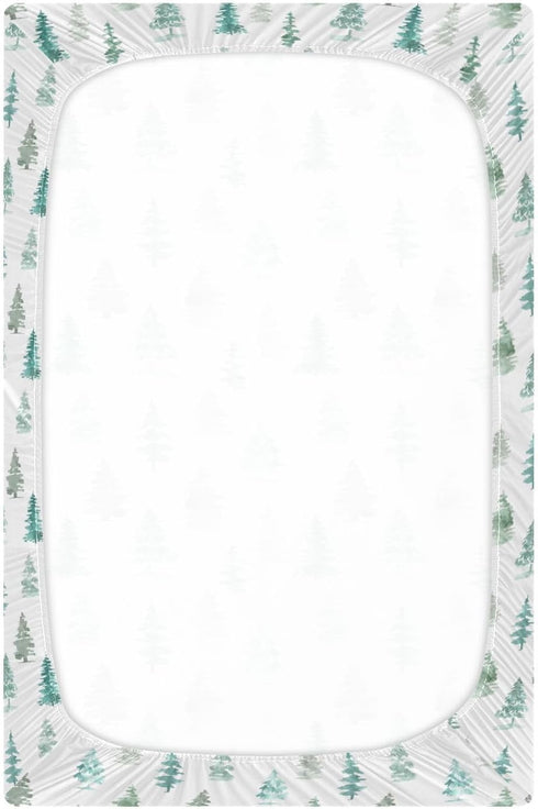 CHUROUSY 28x52 Inch Green Rustic Fir Tree Crib Sheets for Boys Girl Watercolor Woodland Rustic Forest Pine Trees