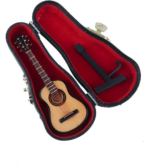 Dselvgvu Wooden Miniature Guitar with Stand, Classic Model for Dollhouse Decoration, 3.94"x1.42"x0.59"