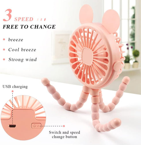Keweis Stroller Fan - Mini Handheld Octopus With Flexible Tripod for Car Seat, Student Bed, Bike - USB Rechargeable
