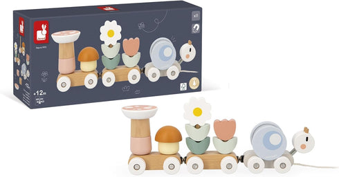 2 10 12 J04010, Janod Snail Train - Wagons and Pieces Including Removable Rattle - Pull Toy - Wood and Water Painting