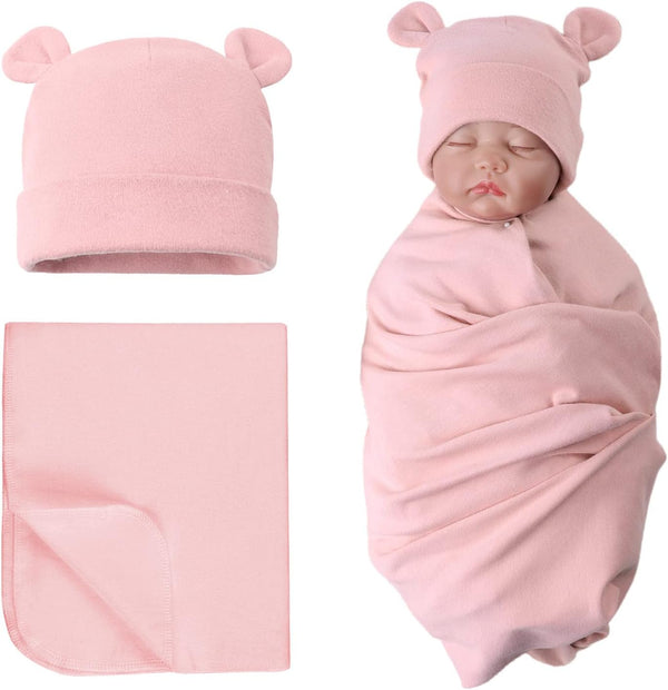 PESAAT Cotton Baby Swaddle Hat Set Newborn Infant Hats Receiving Blankets for