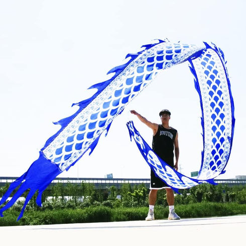 19.6 FT Silk-Like Blue Dragon Poi, Flinging Dragon Spiral Practice Ribbon Streamer with 90 cm Handstick Rod + Travel