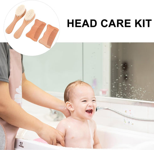LOLIPPYY Set 4pcs Set Hair Comb and Woolen Brush for Infants, Beech Wood Scalp Grooming Kit with Soft Bristle Brushes