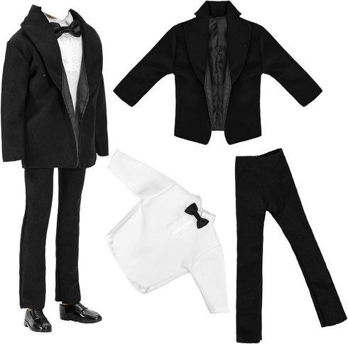 BARWA 3pc Doll Clothes Black Tuxedo Suit with Tie, White Shirt, Pants, Jacket for 12 inch Boy Doll