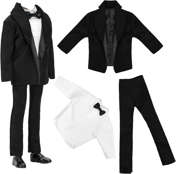 BARWA 3pc Doll Clothes Black Tuxedo Suit with Tie, White Shirt, Pants, Jacket for 12 inch Boy Doll