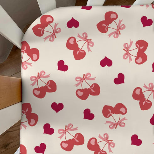Cstdyfrv 52''x28'' Valentine's Day Cherry Baby Boys Girls Crib Sheets Pink Cherry Bows Love Heart Toddler Bed Sheets