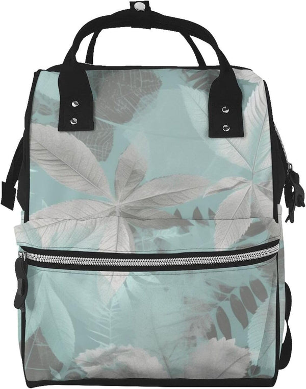 FHEDVBN Mint Gray Leaves Diaper Bag Backpack for Women Multifunction Waterproof Mummy Backpacks